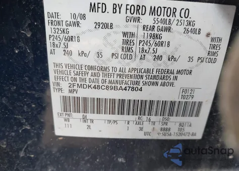 2009 Ford Edge Sel из США, поврежденный, VIN 2FMDK48C89BA47804